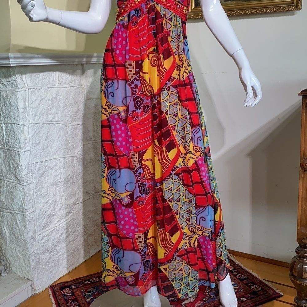 Sue Wong Beaded Printed Silk Chiffon Maxi Dress - Picture 7 of 15